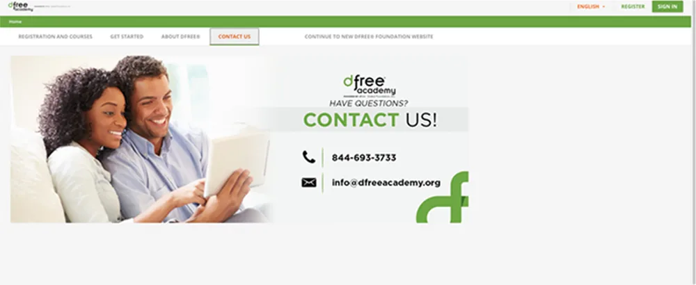 The old Contact page: a row of small navigation tabs, a stock photo, a phone number and an email address.