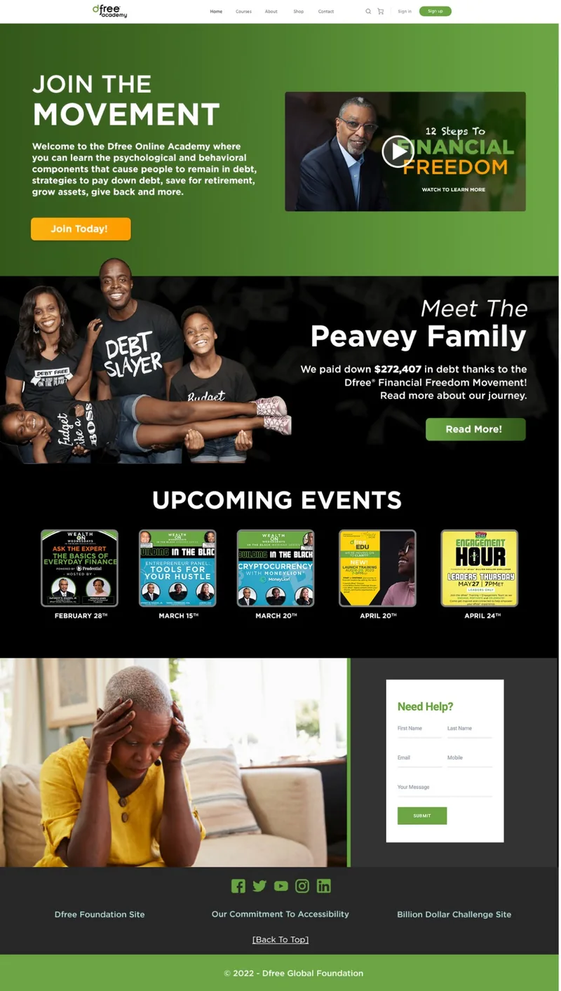 Home page version with black sections for the family story, events and help form.